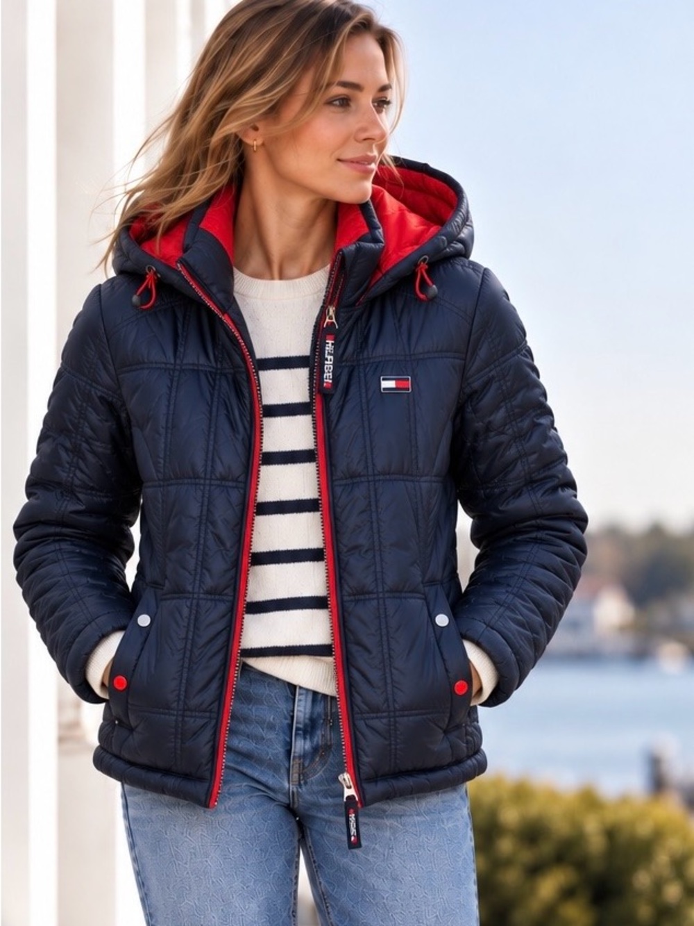 Tommy Hilfiger Navy Quilted Hooded Puffer with Red Trim